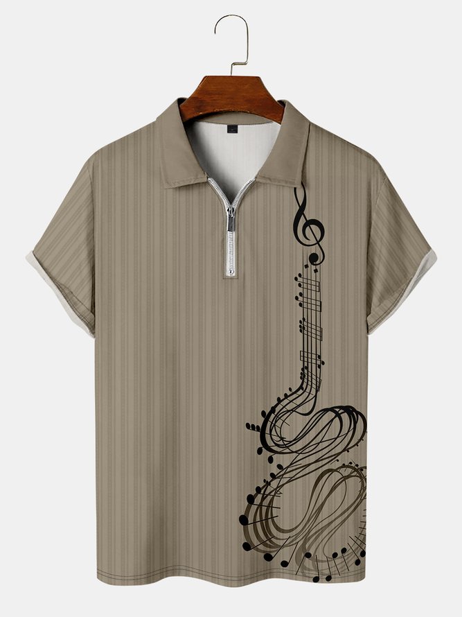 Casual Music Collection Geometric Striped Note Element Pattern Lapel Short Sleeve Polo Print Top
