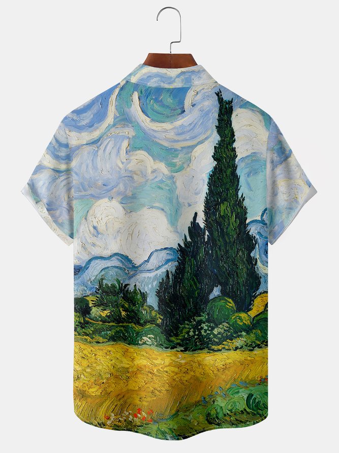 Mens Retro Vincent Van Gogh Painting Print Lapel Chest Pocket Short Sleeve Shirts