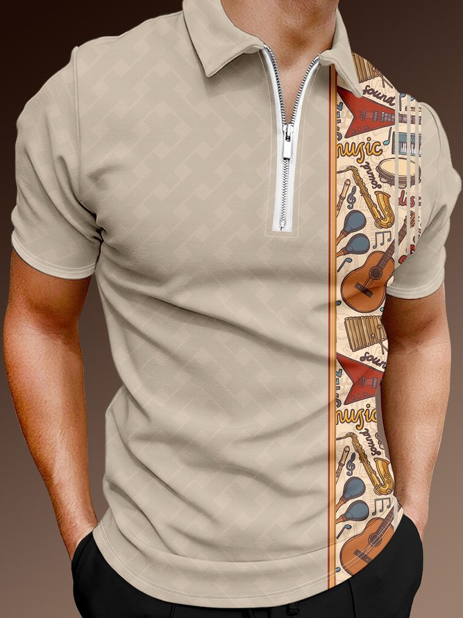 Casual Music Collection Geometric Striped Instrument Guitar Pattern Lapel Short Sleeve Polo Print Top