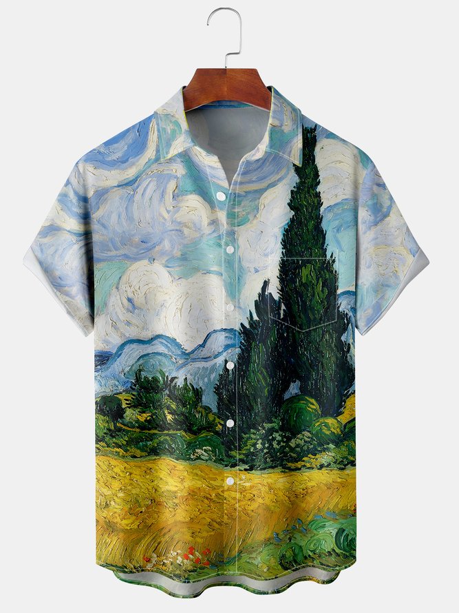 Mens Retro Vincent Van Gogh Painting Print Lapel Chest Pocket Short Sleeve Shirts