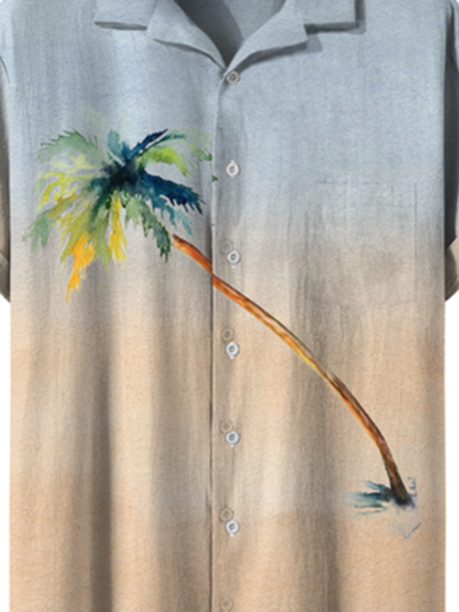 Cotton and Linen Botanical Floral Gradient Coconut Tree Print Cozy Linen Shirt
