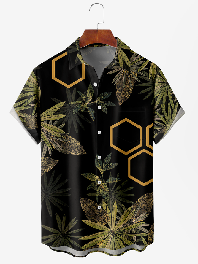 Men's Leaf Floral Print Moisture-Breathable Fabric Hawaiian Lapel Short Sleeve Shirt