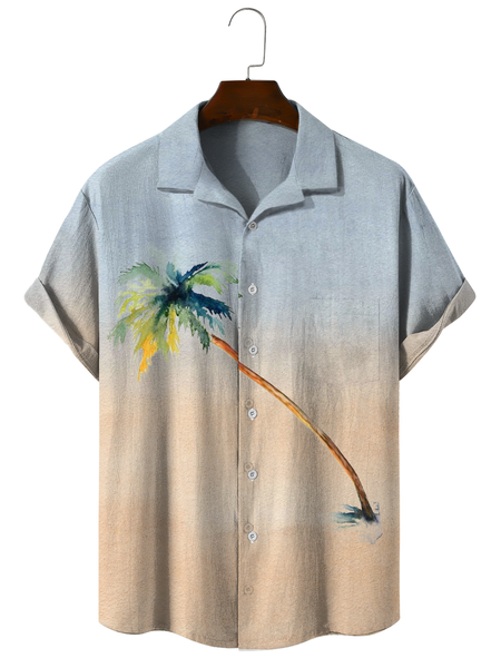 Cotton and Linen Botanical Floral Gradient Coconut Tree Print Cozy Linen Shirt