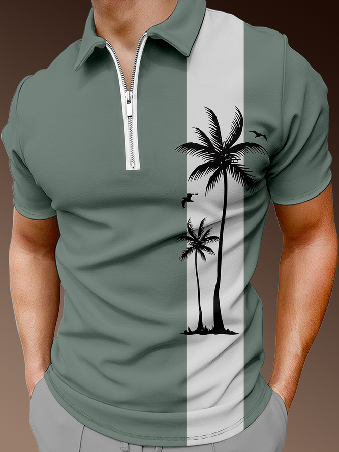 Resort Hawaiian Coconut Tree and Stripe Pattern Lapel Short Sleeve Polo Print Top