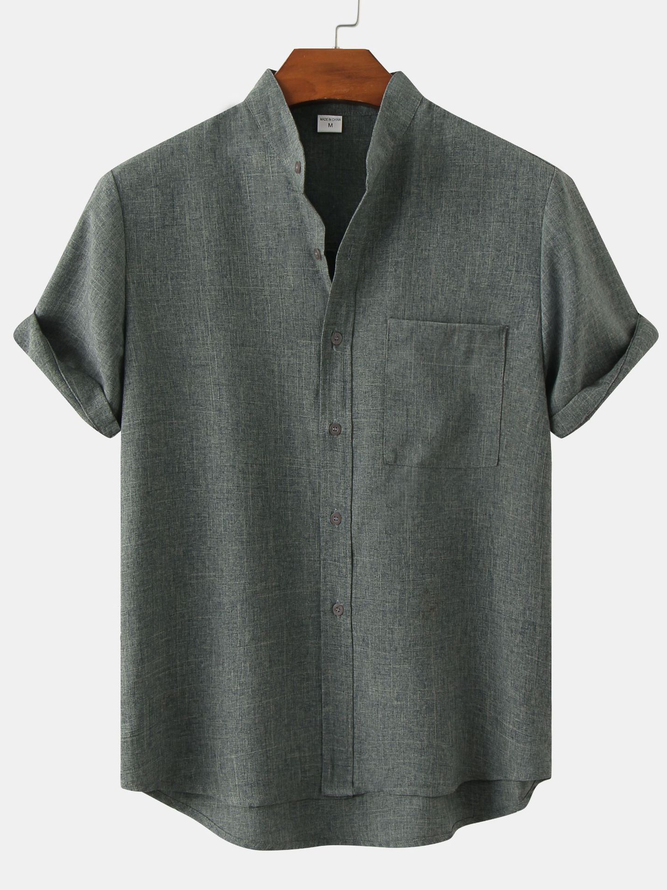 Mens Cotton Linen Solid Short Sleeve Shirt Casual Basic Top 