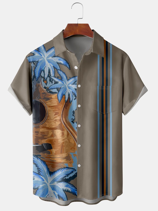 Men's Music Floral Print Moisture Wicking Fabric Fashion Pocket Hawaiian Lapel Short Sleeve Shirt