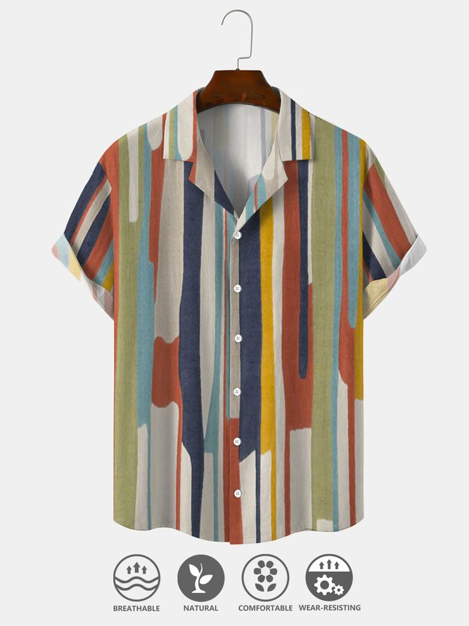 Cotton Linen Stripe Print Casual Short Sleeve Shirt