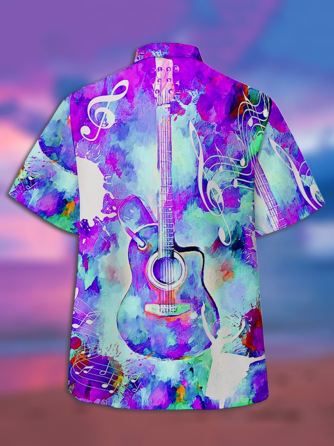 Casual Music Series Gradient Instrument Guitar Element Pattern Lapel Short Sleeve Shirt Print Top