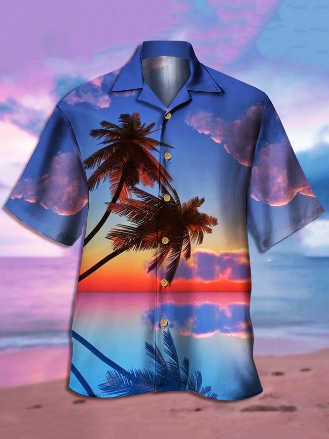 Mens Sunset Coconut Tree Print Front Buttons Soft Breathable Loose Casual Hawaiian Shirts