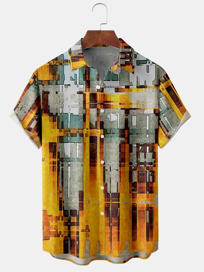 Men's Art Stripe Casual Short Sleeve Hawaiian Shirt with Chest Pocket