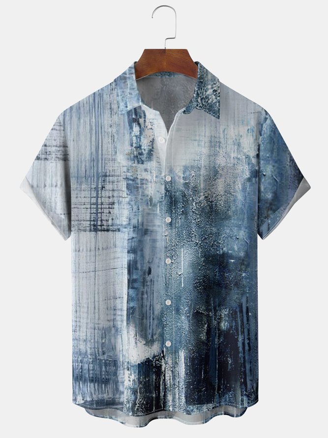 Mens Art Painting Front Buttons Soft Breathable Chest Pocket Casual Hawaiian Shirt