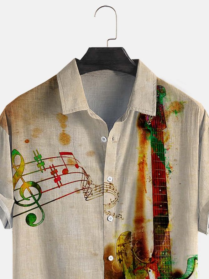 Cotton Linen Music Print Casual Short Sleeve Shirt