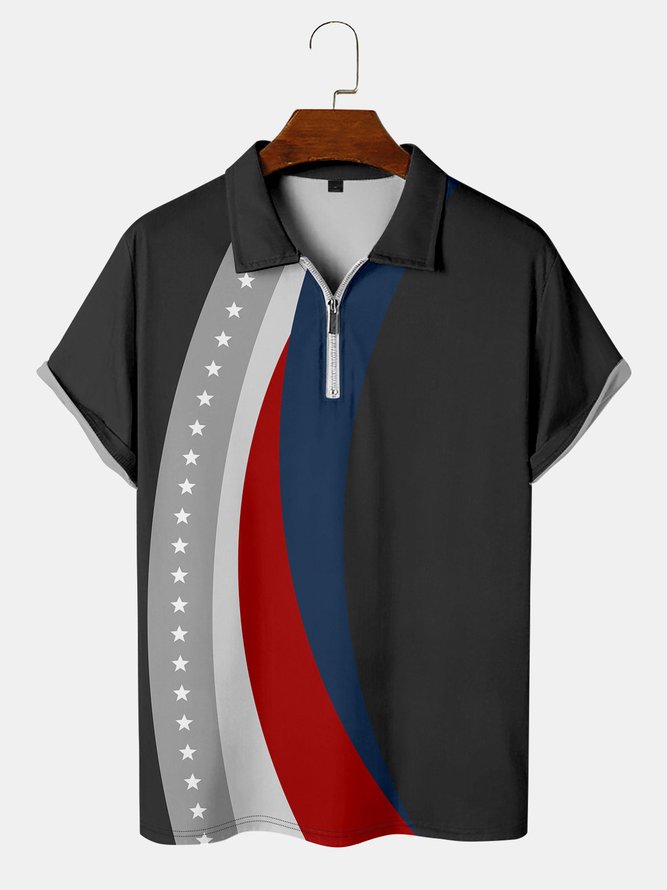 Casual Festive Collection Geometric Stripes Color Block American Flag Stars Pattern Lapel Short Sleeve Polo Print Top