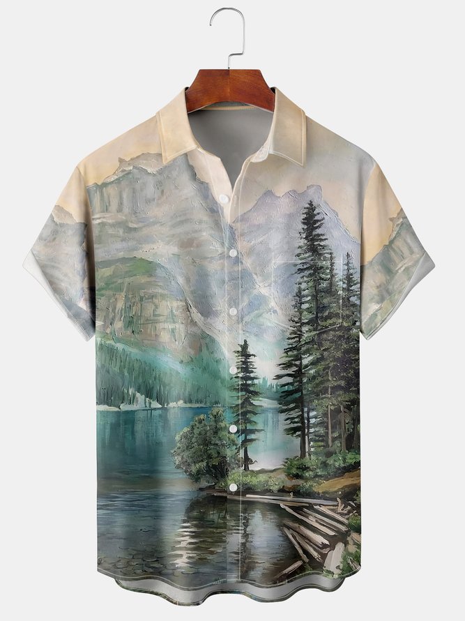 Men's Casual Short Sleeve Hawaiian Shirt With Chest Pocket Gradient Plants
