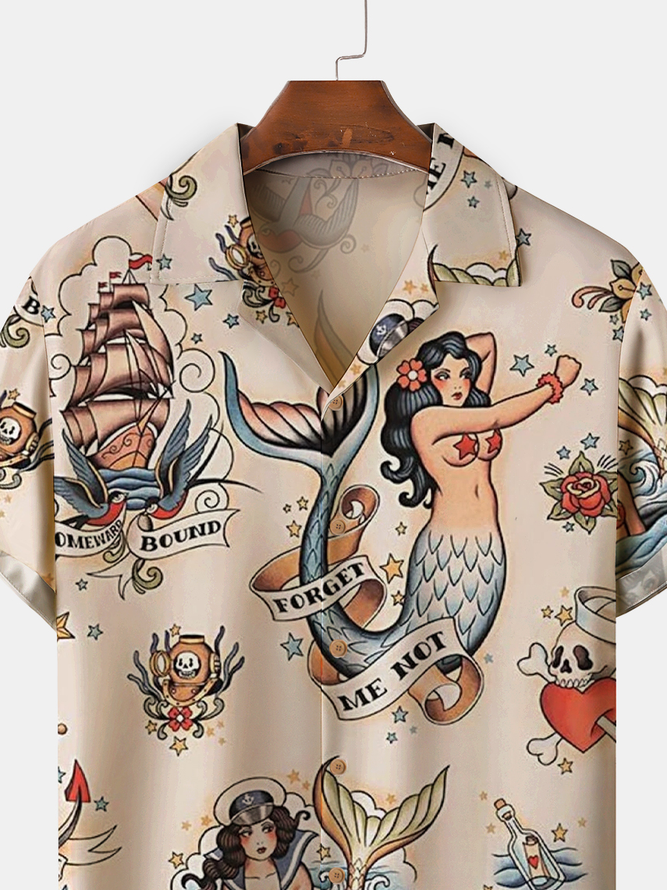Mens Mermaid Print Front Buttons Soft Breathable Loose Casual Hawaiian Shirt