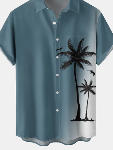 Men's Gradient Coconut Tree Casual Short Sleeve Hawaiian Shirt with Chest Pocket