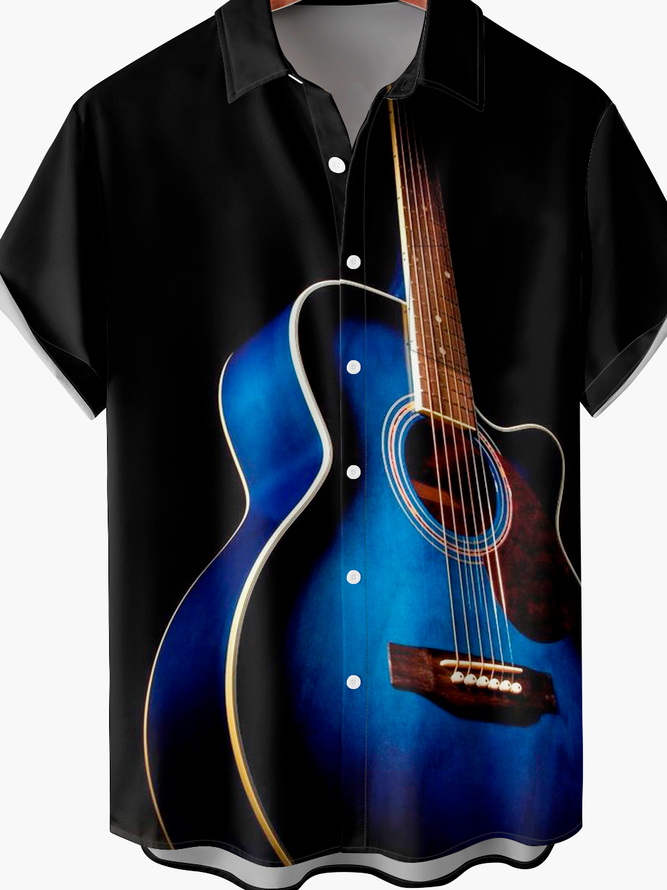 Mens Guitar Print Front Buttons Soft Breathable Chest Pocket Casual Hawaiian Shirts