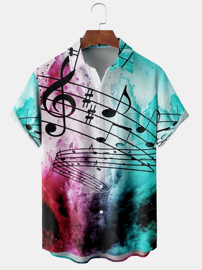 Mens Music Tie dye Print Front Buttons Soft Breathable Chest Pocket Casual Hawaiian Shirts