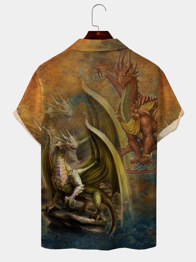 Men's Dragon Print Casual Fabric Fashion Lapel Short Sleeve Shirt