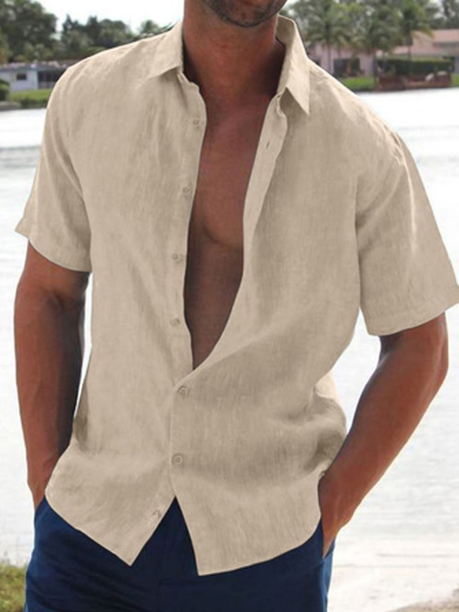 Mens Solid Casual Button Down Linen Lapel Short Sleeve Shirt With Pocket 