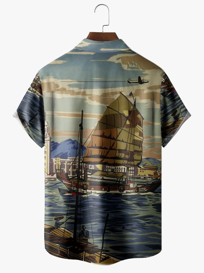 Men's Ocean Print Moisture Absorbent Breathable Fabric Fashion Hawaiian Lapel Short Sleeve Shirt