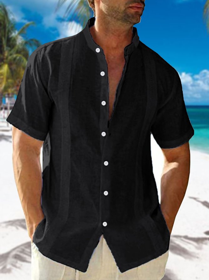 Men's Cotton Linen Stand Collar Short Sleeve Shirt