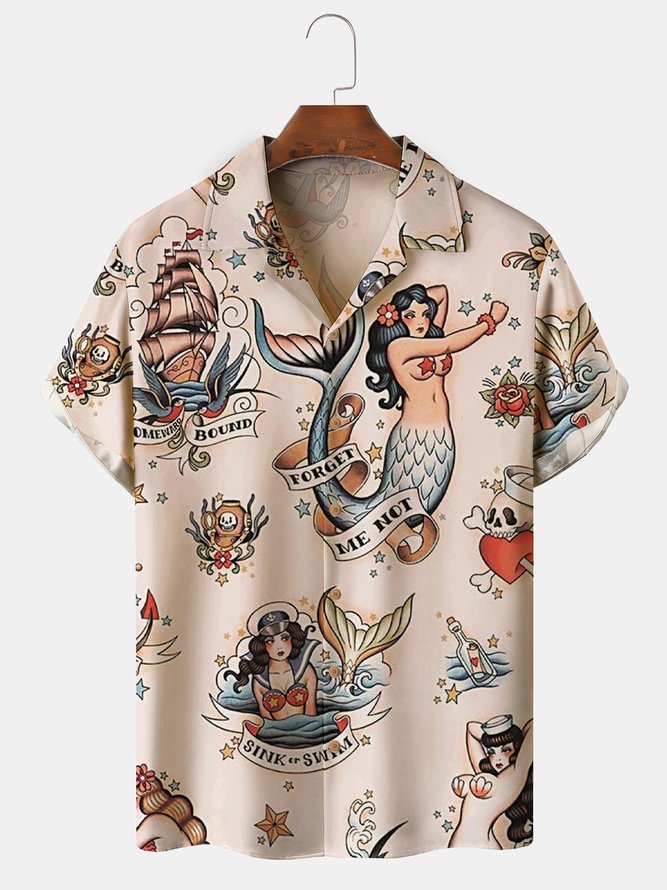 Mens Mermaid Print Front Buttons Soft Breathable Loose Casual Hawaiian Shirts