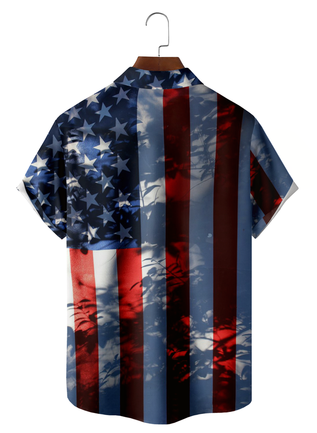 Vintage Festive Collection American Flag Pattern Lapel Short Sleeve Chest Pocket Shirt Print Top