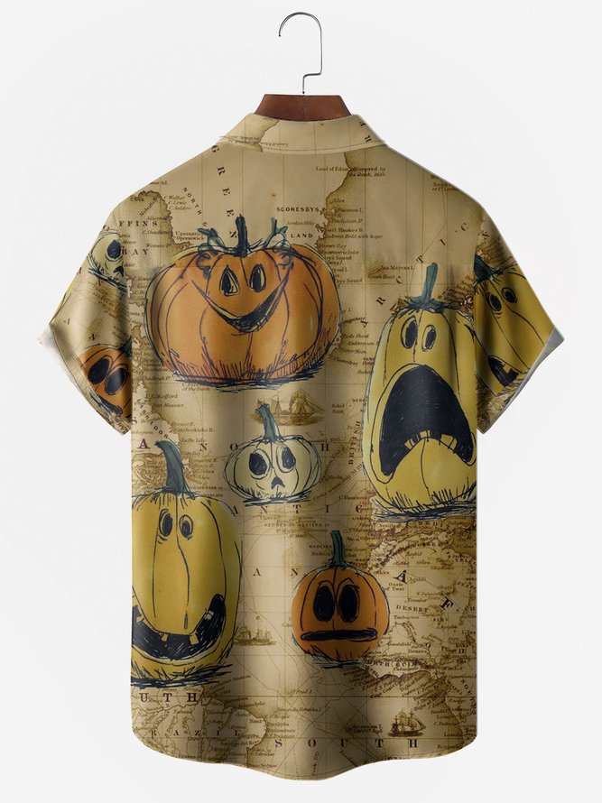 Men's Pumpkin Print Anti-Wrinkle Moisture Wicking Fabric Lapel Short Sleeve Hawaiian Shirt