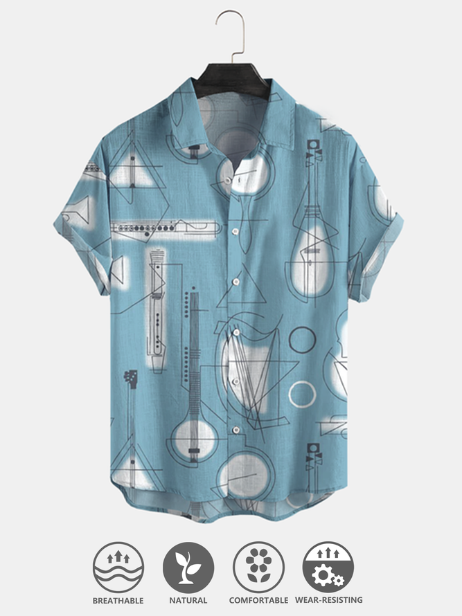 Cotton and linen style American casual basic wild geometric music guitar linen shirt