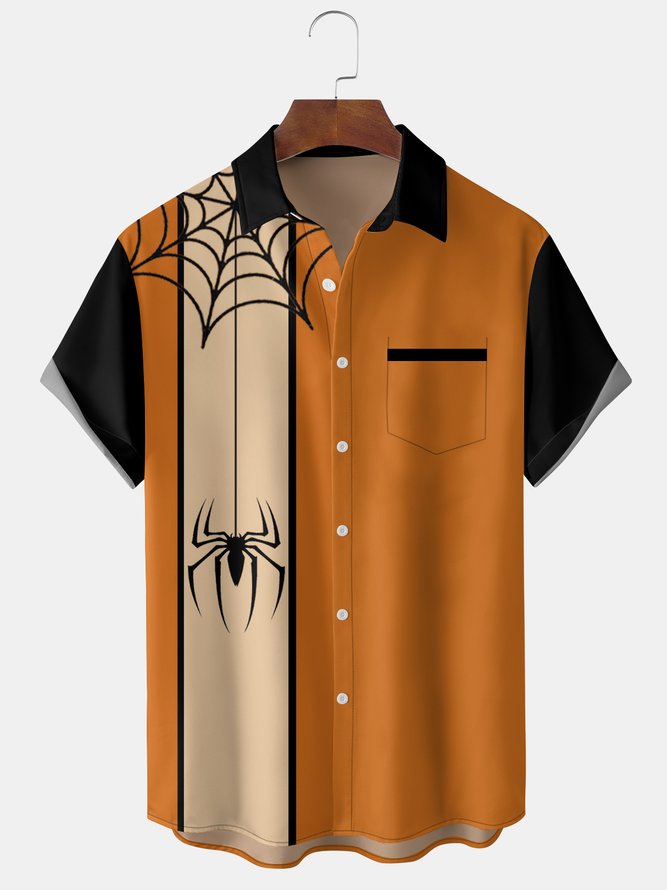 Mens Funky Halloween Spider Print Front Buttons Short Sleeve Shirt Pocket Casual Top