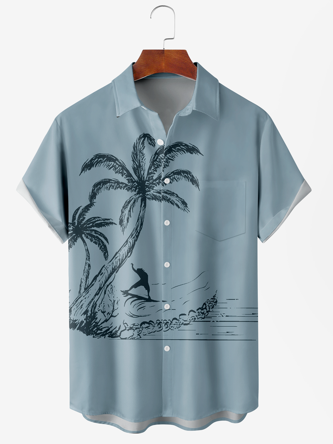 Men's Blue Coconut Print Wrinkle Resistant Moisture Wicking Fabric Lapel Short Sleeve Hawaiian Shirt