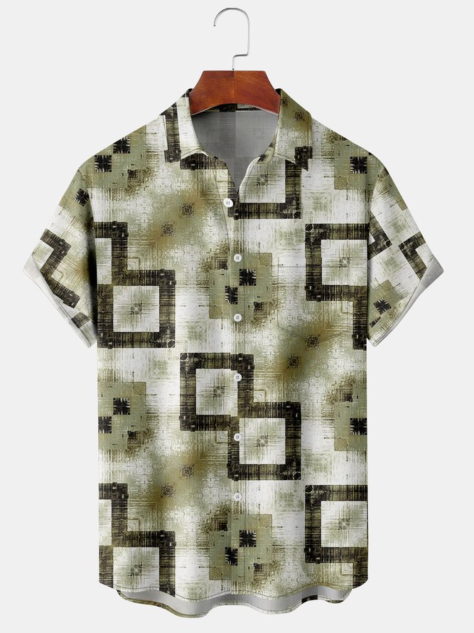 Men's Geometric Floral Print Casual Fabric Lapel Short Sleeve Hawaiian Shirt
