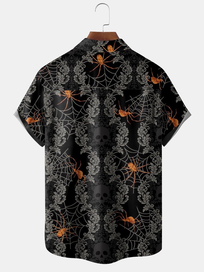Mens Funky Halloween Print Front Buttons Soft Breathable Chest Pocket Casual Hawaiian Shirts