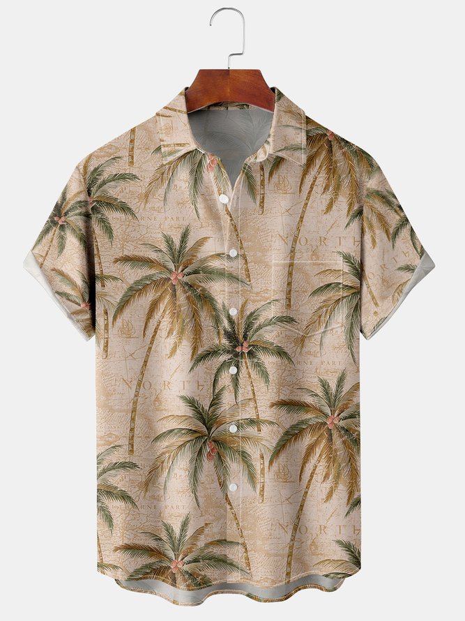 Resort Style Hawaiian Series Botanical Coconut Tree Element Pattern Lapel Short-Sleeved Chest Pocket Shirt Printed Top