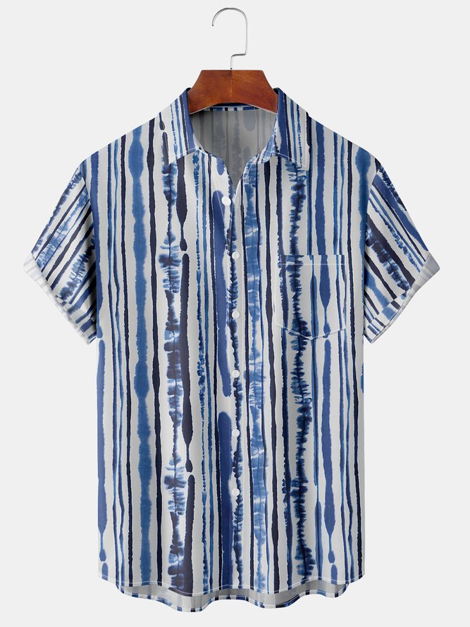 Mens Striped Front Buttons Soft Breathable Chest Pocket Casual Hawaiian Shirts