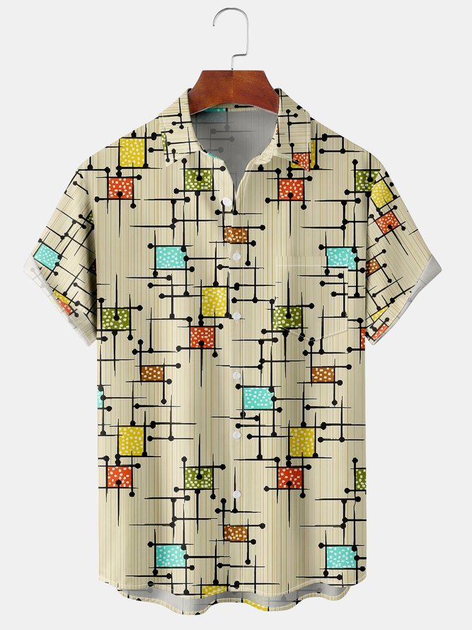 Mens Geo Print Front Buttons Soft Breathable Chest Pocket Casual Aloha Shirts