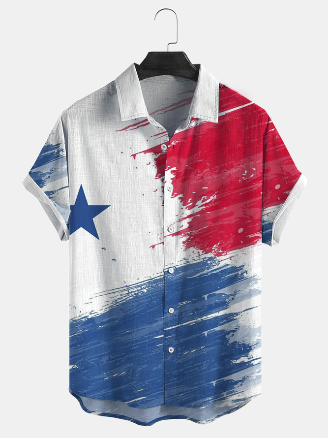 Cotton Linen Style American Casual Basic Versatile American Flag Linen Shirt