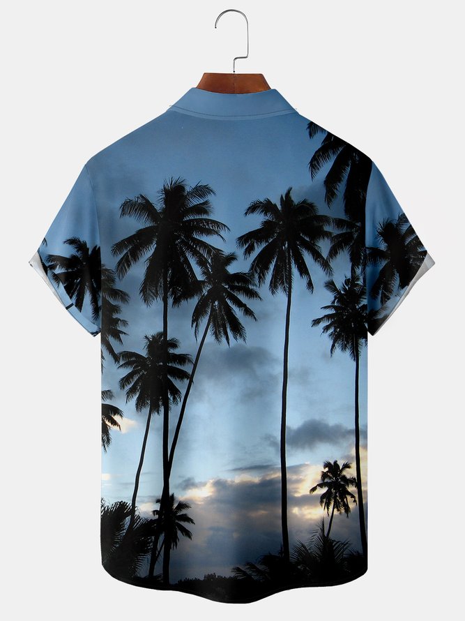 Mens Hawaii Gradient Coconut Tree Lapel Short Sleeve Shirt Chest Pocket Holiday Style Printed Top