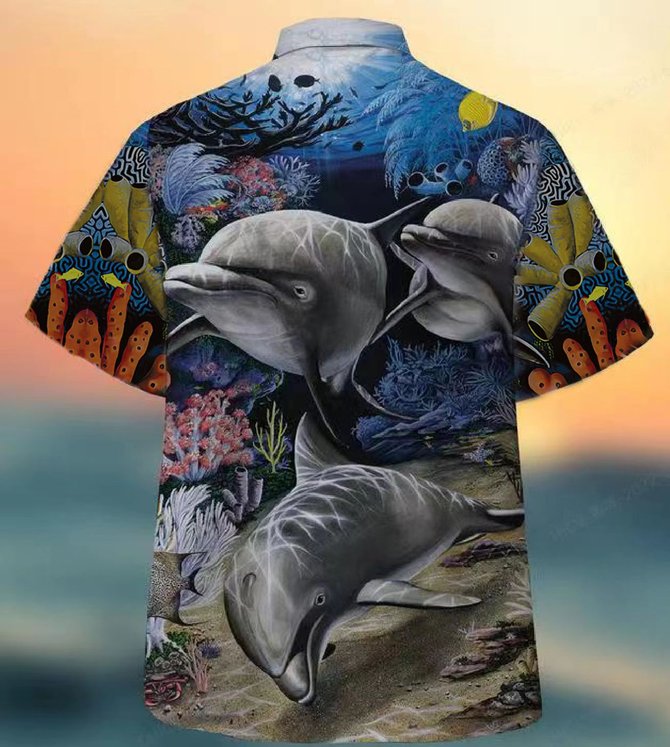 Men's Ocean Fish Print Casual Fabric Hawaiian Collar Short Sleeve Shirt