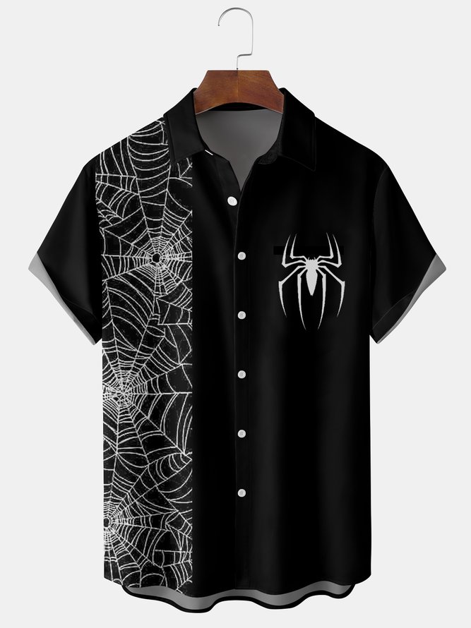 Mens Halloween Spider Print Front Buttons Short Sleeve Shirt Casual Hawaiian Shirt