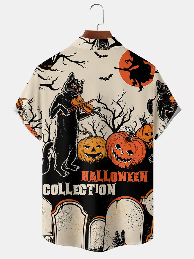 Men's Halloween Cat Print Short Sleeve Hawaiian Shirt with Chest Pocket