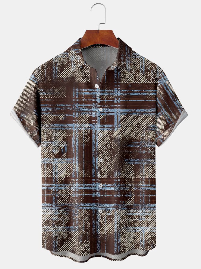 Men's Geometric Check Print Short Sleeve Hawaiian Shirt