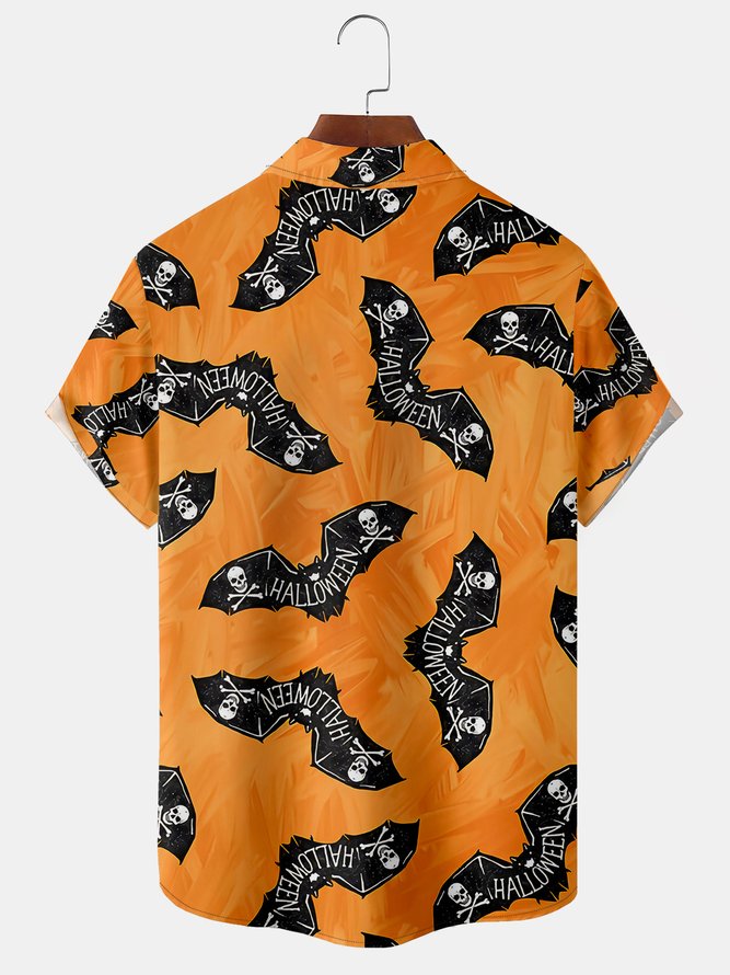 Men's Halloween Bat Print Short Sleeve Hawaiian Shirt with Chest Pocket