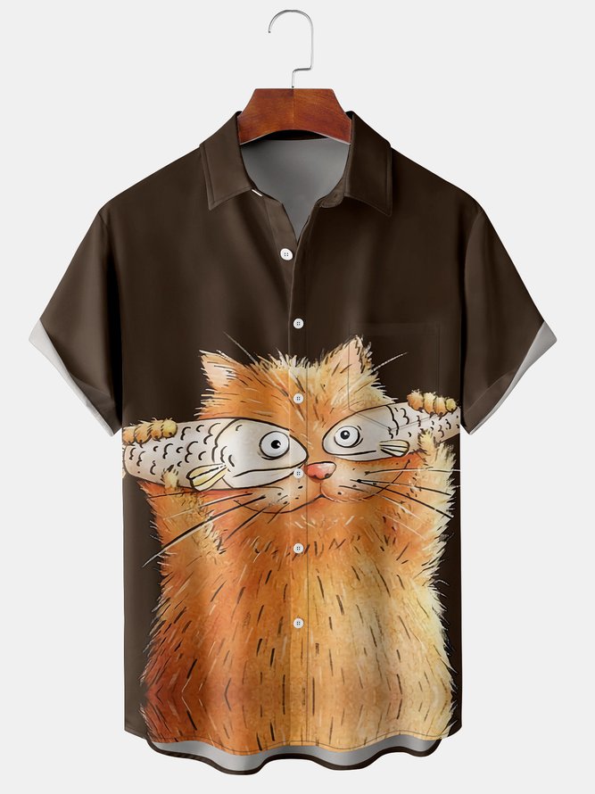 Men's Animal Print Casual Short Sleeve Hawaiian Shirt with Chest Pocket