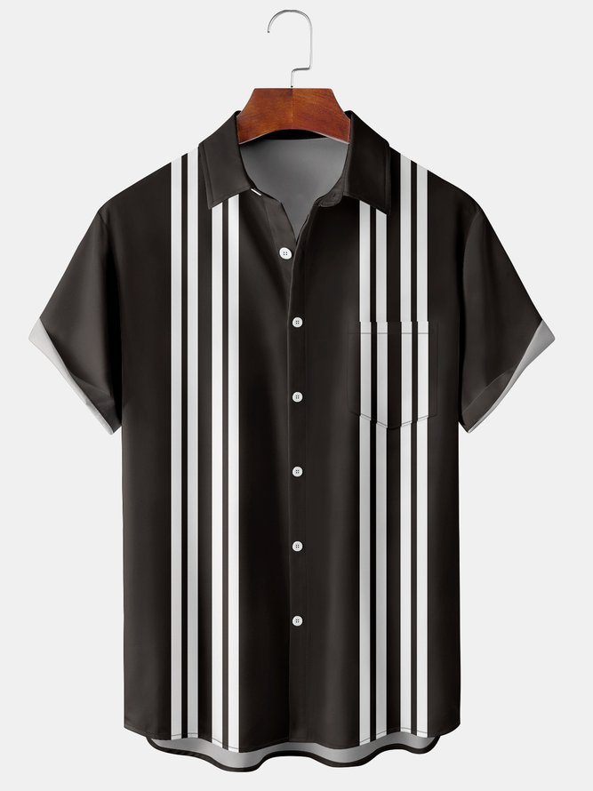 Mens Striped Print Front Buttons Soft Breathable Chest Pocket Casual Bowling Shirts