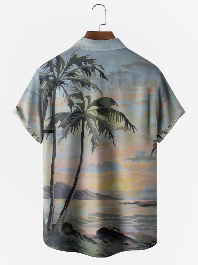 Men's Ocean Coconut Print Anti-Wrinkle Moisture Wicking Fabric Fashion Hawaiian Lapel Short Sleeve Shirts