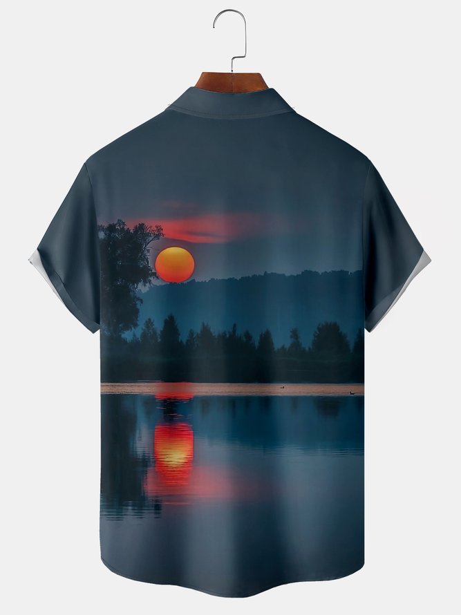Holiday Hawaiian Collection Sunset Landscape Gradient Element Pattern Lapel Short Sleeve Print Shirt Top