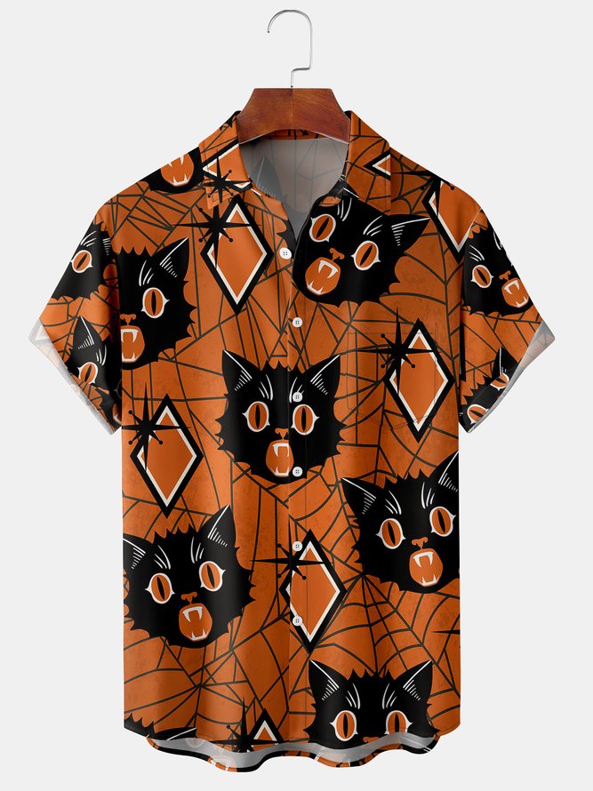 Men's Halloween Retro Cat Print Casual Breathable Short Sleeve Shirt