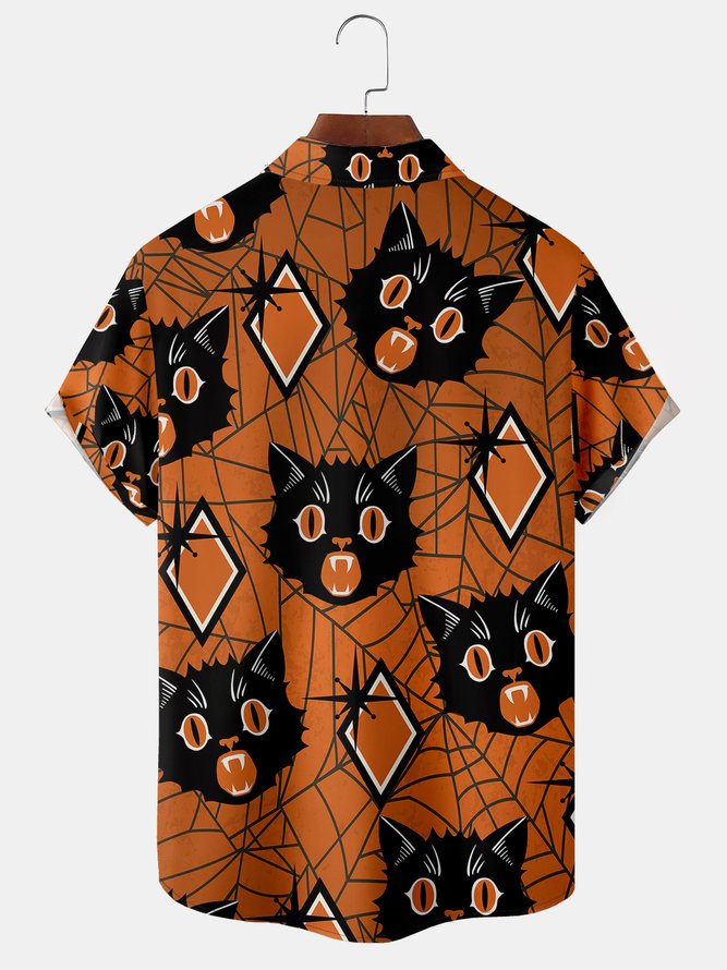 Men's Halloween Retro Cat Print Casual Breathable Short Sleeve Shirt